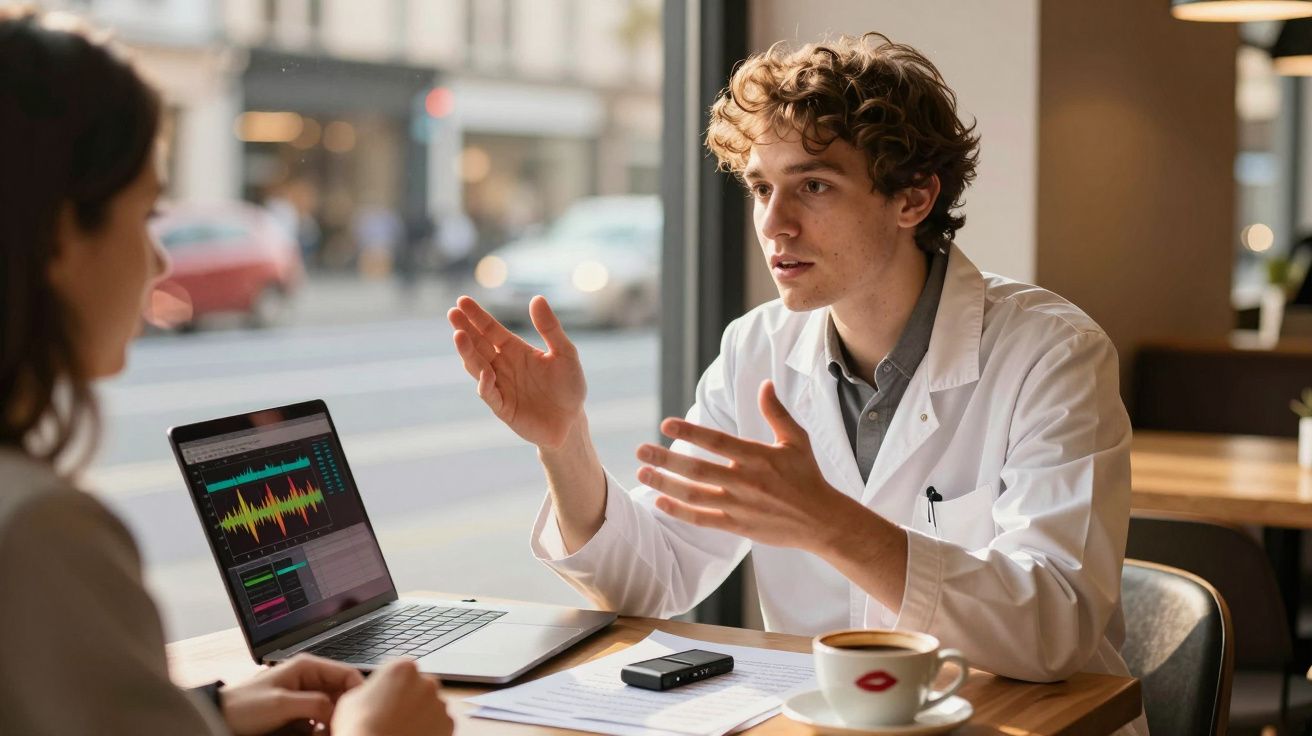 Jovem médico com bata branca consulta paciente num café, com laptop e dados médicos na mesa.