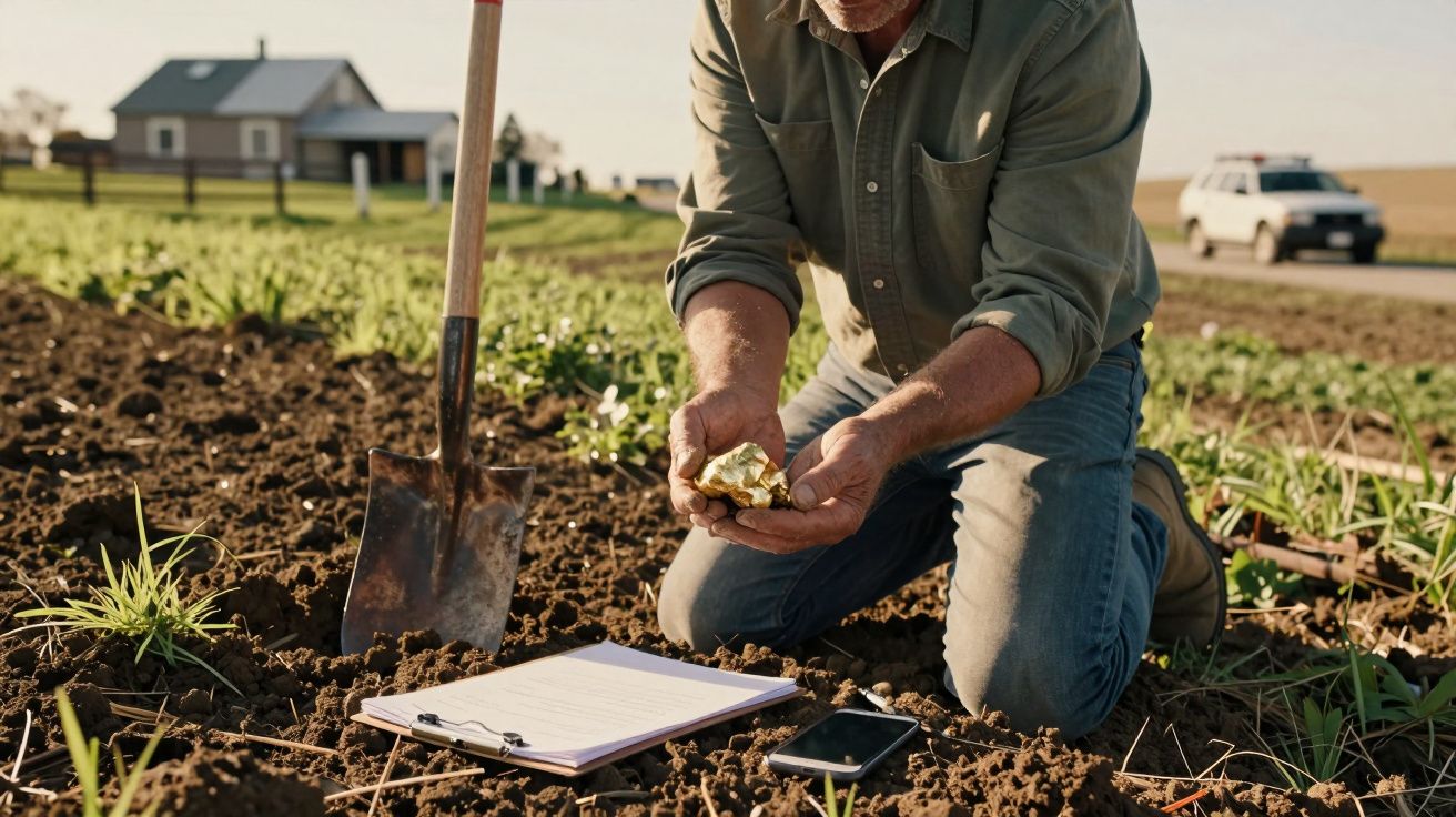 Homem agachado a examinar pepitas douradas na terra numa quinta, com pá, prancheta e telemóvel no chão.
