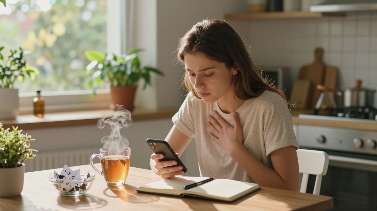 Mulher sentada à mesa, com uma mão no peito, olhando preocupada para o telemóvel, chá quente e caderno à frente.