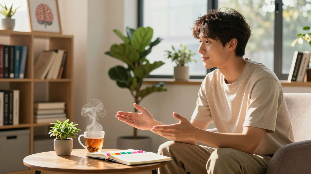 Jovem sentado numa sala iluminada, falando e gesticulando, com chá quente e caderno numa mesa à frente.