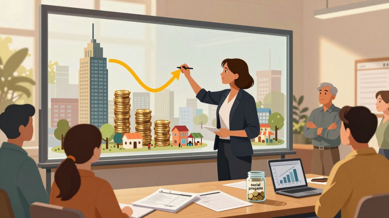 Mulher apresenta crescimento financeiro numa reunião, com gráficos, moeda e cofre de poupança visíveis.