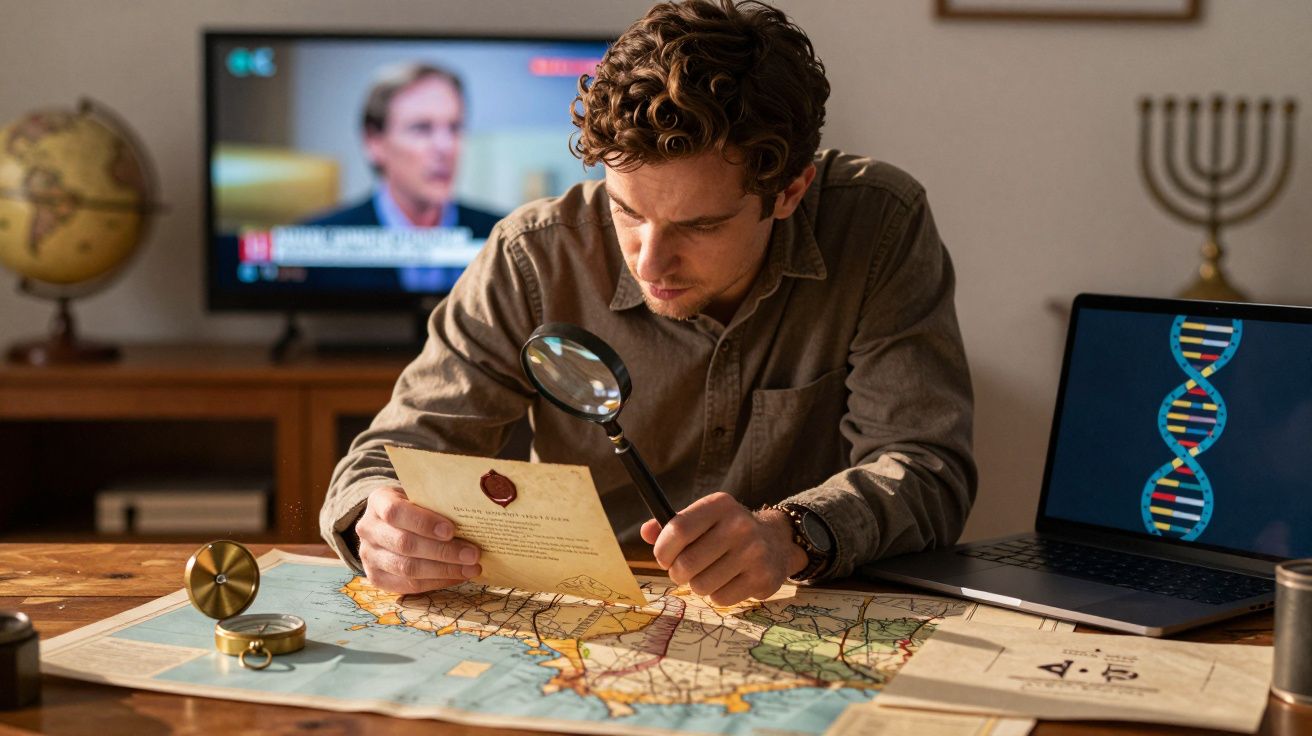 Homem a investigar carta antiga com lupa sobre mesa com mapas, laptop e bússola, televisão ao fundo ligada.