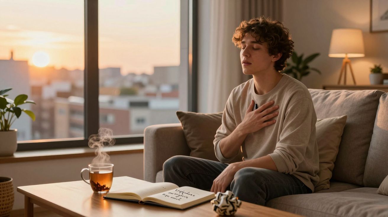 Jovem sentado no sofá com os olhos fechados, mão no peito, e chá fumegante numa mesa junto a um caderno aberto.