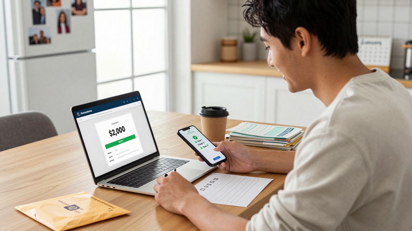 Pessoa sentada à mesa a usar laptop e smartphone mostrando transferências bancárias online.
