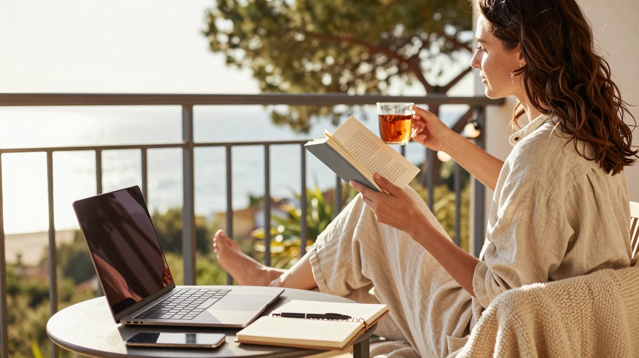 Mulher sentada numa varanda a ler um livro e beber chá, com portátil e caderno numa mesa à frente.