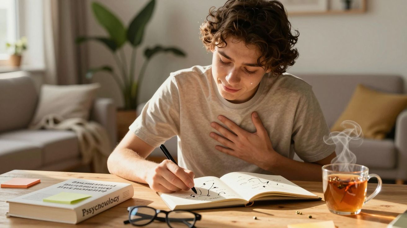 Jovem a escrever num caderno, com lágrimas, sentado à mesa com chá quente e livro de psicologia à frente.