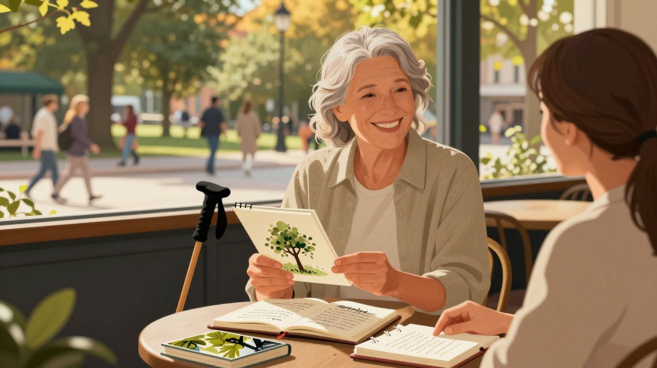 Duas mulheres conversam e estudam juntas numa esplanada, com árvores e pessoas ao fundo.