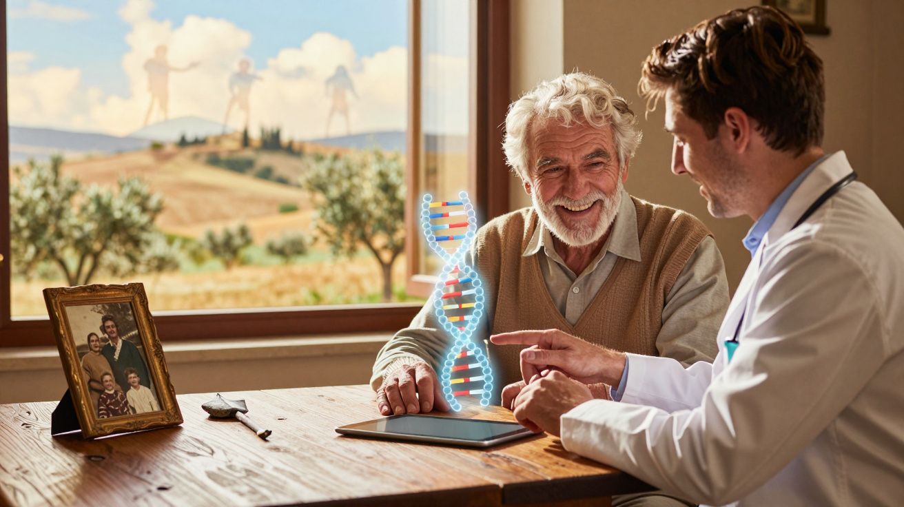Homem idoso sorri enquanto médico lhe explica estrutura de ADN projetada em tablet numa mesa de madeira.