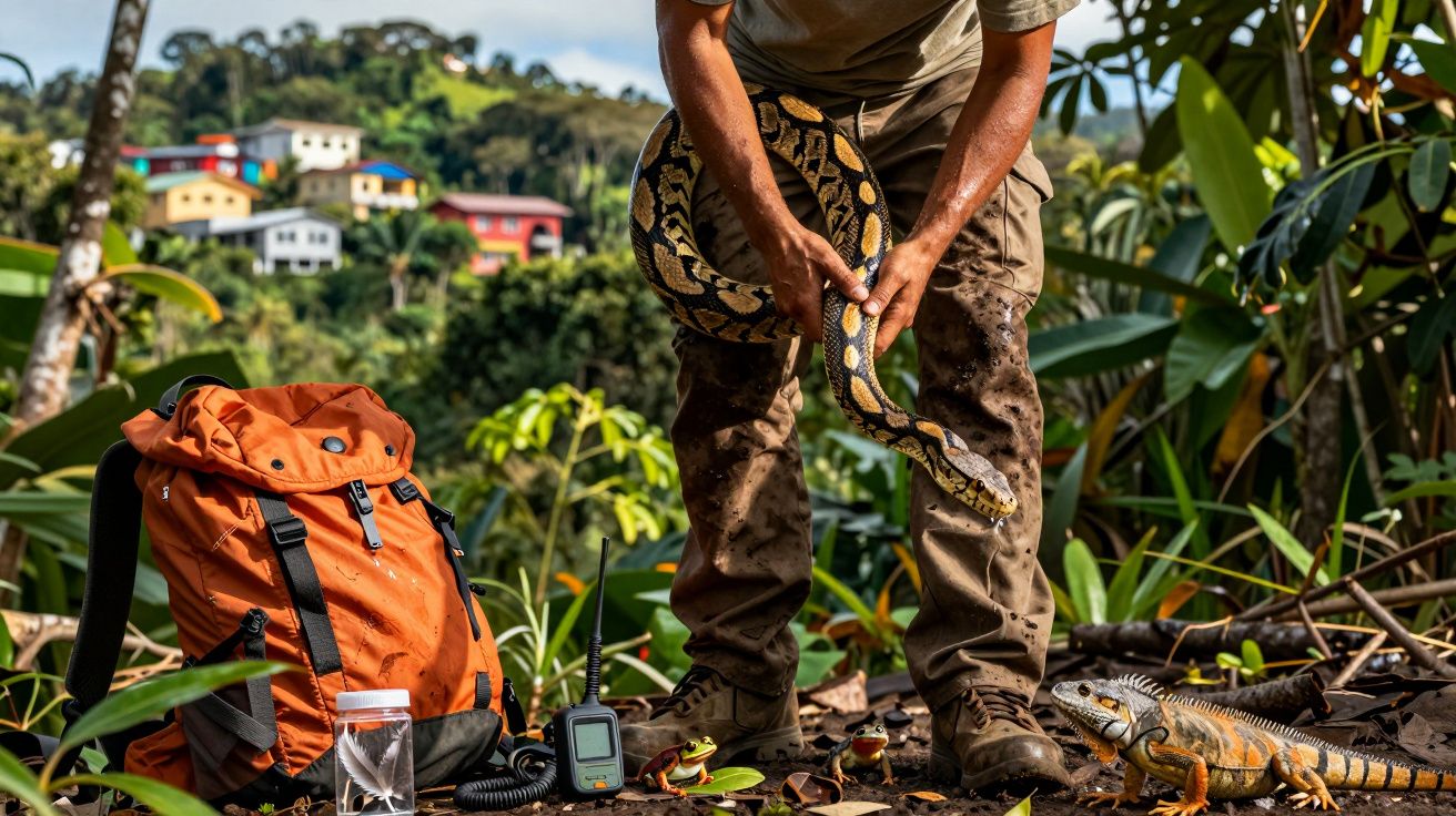 Pessoa a segurar uma cobra grande, com mochila e equipamentos no chão, rodeada de plantas e répteis na natureza.