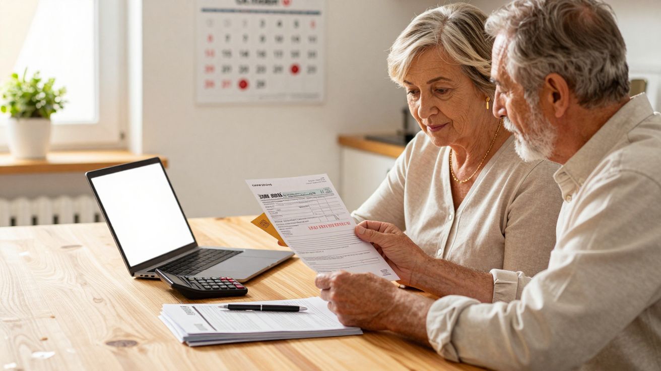 Casal sénior analisa documentos financeiros num ambiente doméstico com computador portátil e calculadora na mesa.