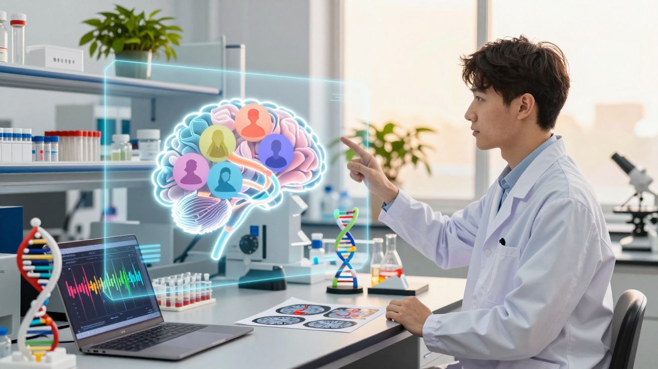 Cientista em laboratório análise holograma cerebral e dados genéticos num computador portátil.