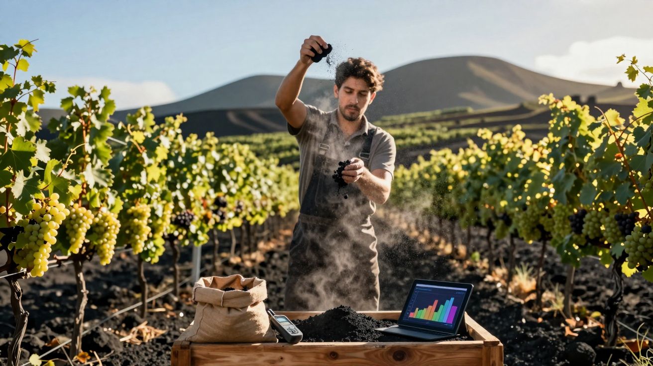 Homem a analisar amostra de terra numa vinha com gráficos de monitorização no tablet sobre a mesa de madeira.