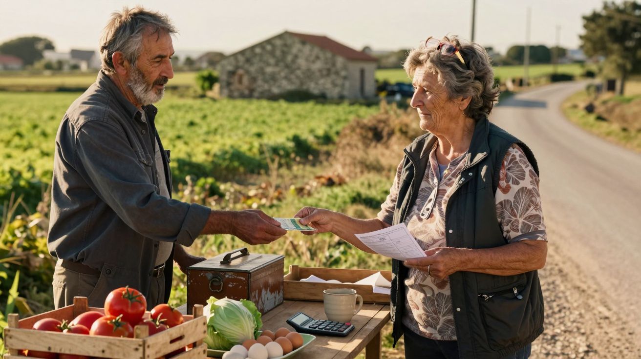 Homem vende produtos agrícolas a mulher numa mesa ao ar livre numa estrada rural soalheira.