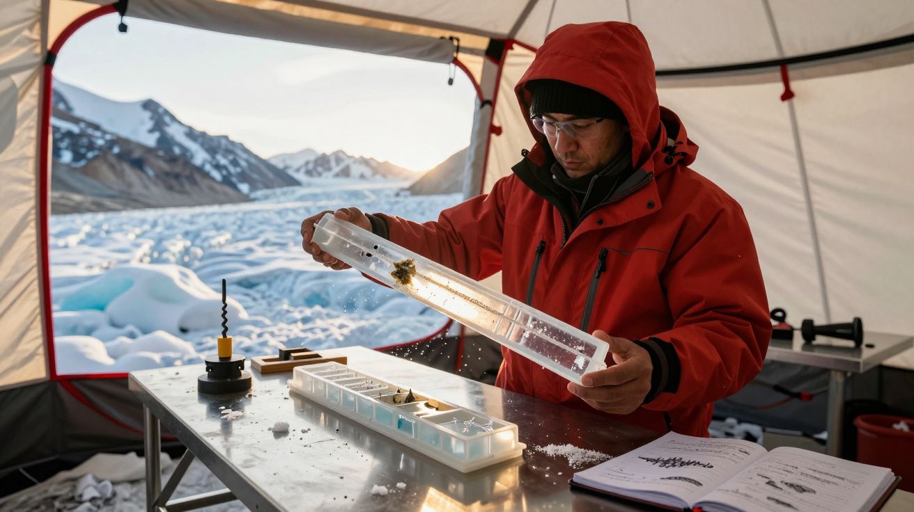 Pessoa a analisar amostras de gelo num tubo transparente dentro de uma tenda em ambiente montanhoso nevado.