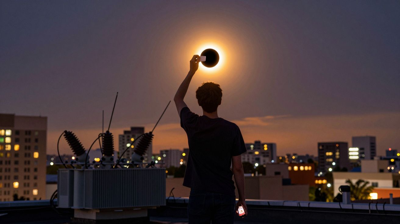 Pessoa de costas segura uma lâmpada que parece encostar-se ao Sol ao pôr do sol numa cidade.