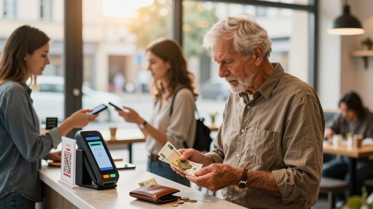 Homem idoso a contar dinheiro numa fila de pagamento num café moderno com pessoas a usar telemóvel ao fundo.