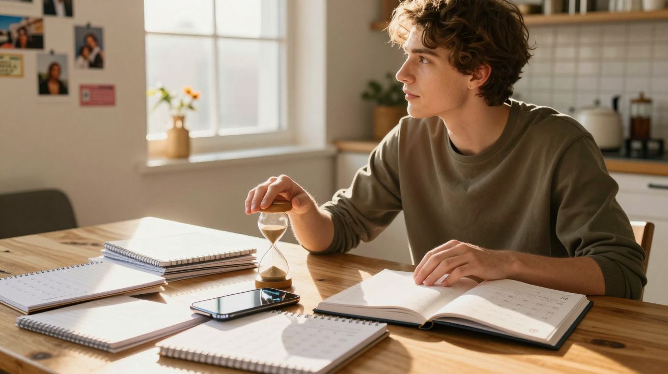 Jovem sentado a estudar numa mesa com cadernos, telefone e a segurar uma ampulheta numa sala iluminada.