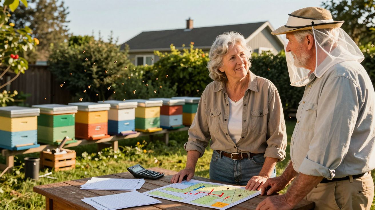 Casal sénior a planear num jardim com colmeias e abelhas ao fundo, em ambiente rural.