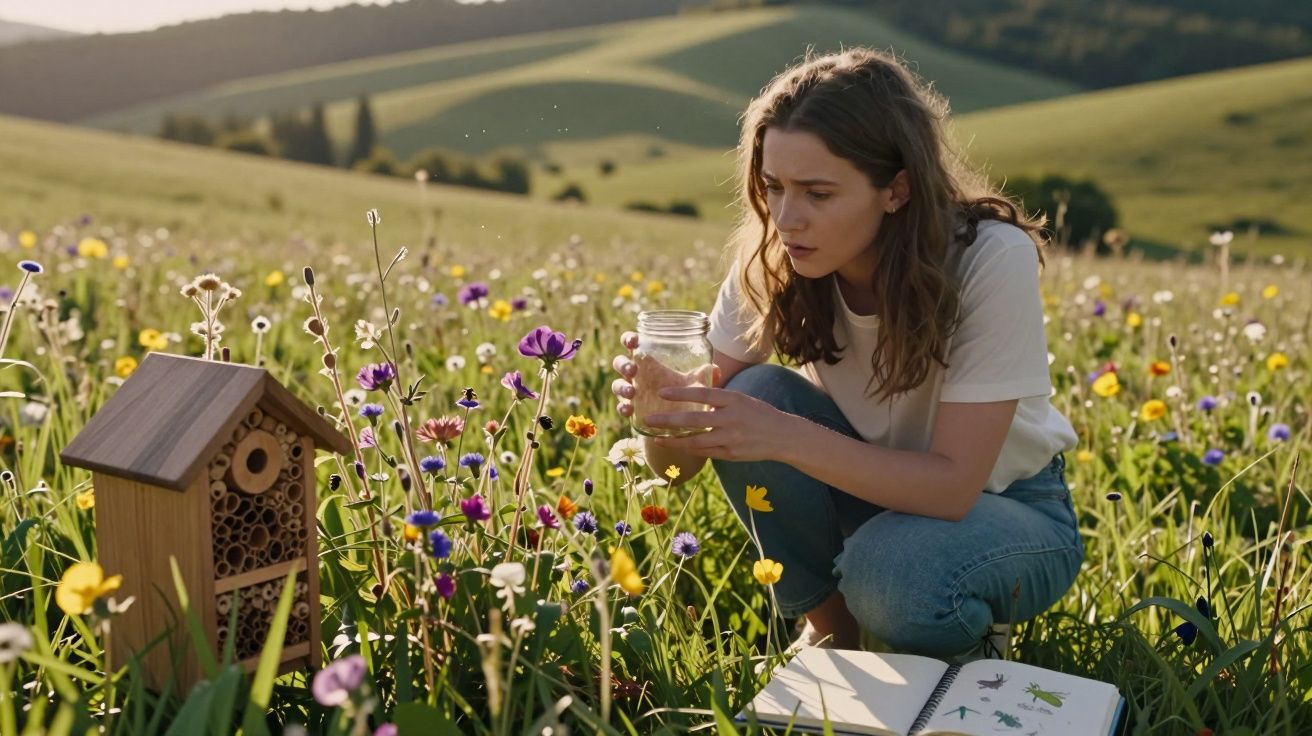 Mulher ajoelhada num campo florido a observar um frasco de vidro junto a uma casa para insetos e caderno aberto.