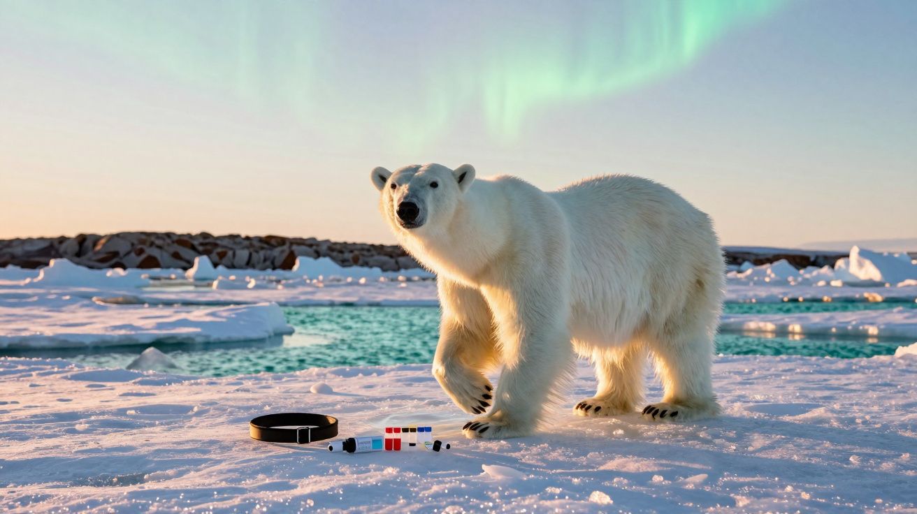 Urso polar em gelo perto de objetos de investigação com aurora boreal ao fundo.
