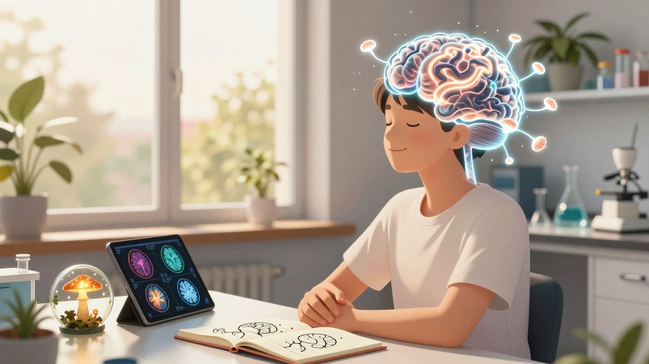 Pessoa sentada com olhos fechados e cérebro iluminado, estudando imagens cerebrais numa mesa de laboratório.