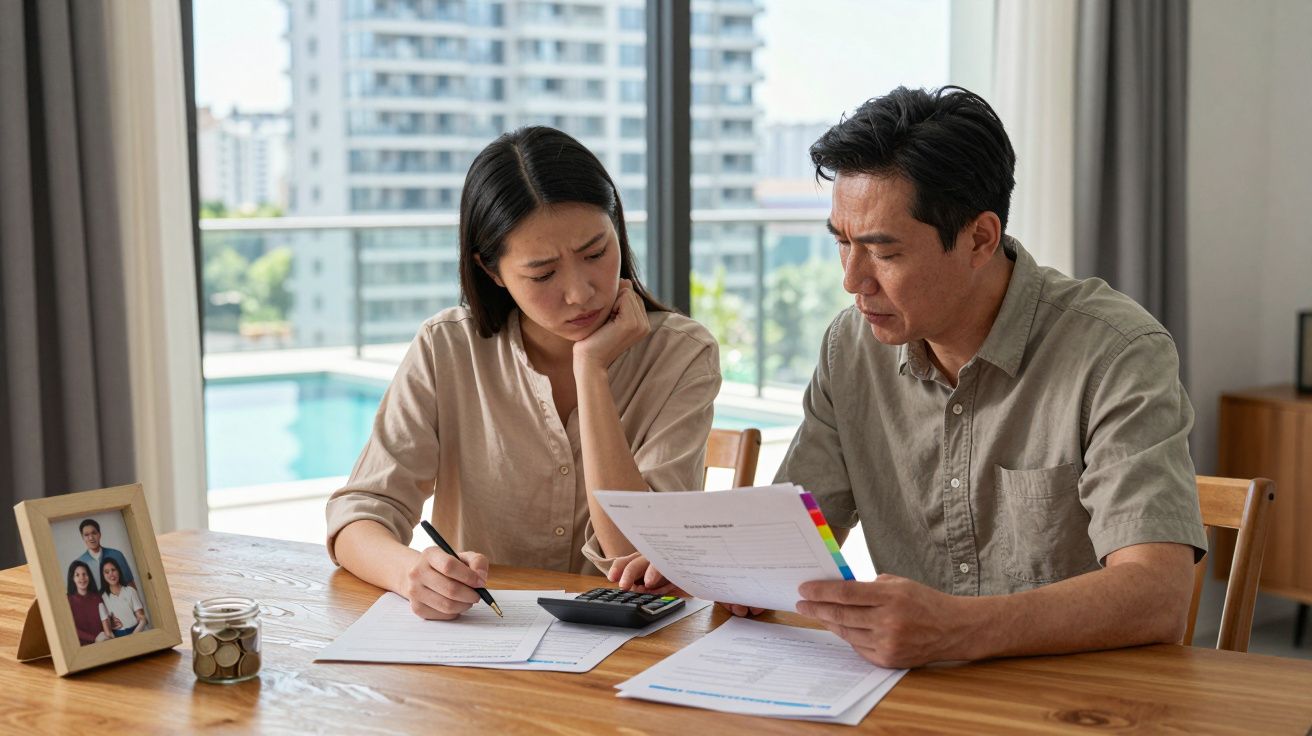 Casal preocupado a analisar documentos e calcular despesas numa mesa com jarro de moedas e fotografia familiar.