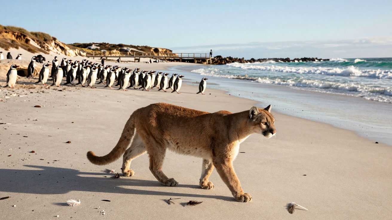 Puma a caminhar na praia com grupo de pinguins juntos numa paisagem costeira ao amanhecer.