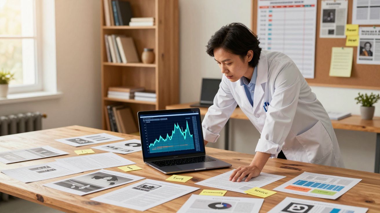 Pessoa com bata branca analisa gráficos e documentos sobre uma secretária de madeira iluminada pela luz natural.