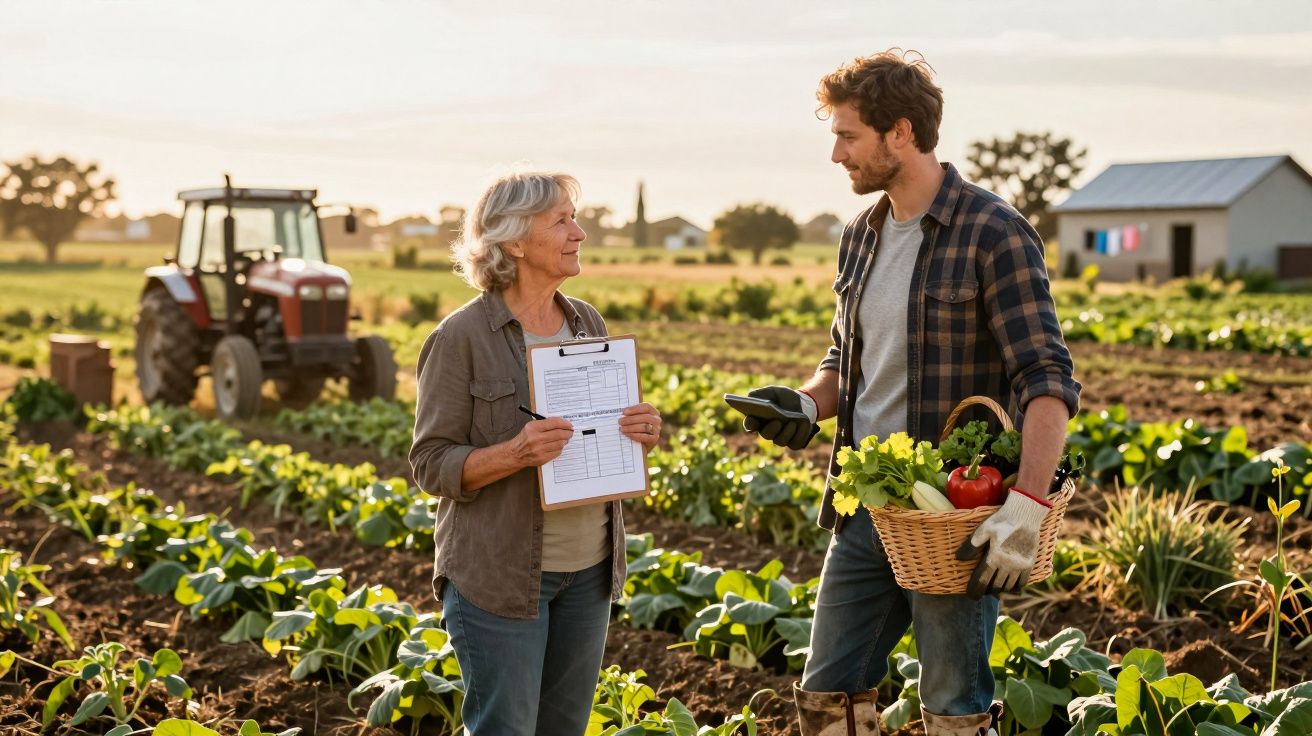 Agricultores a conversar numa horta, com um cesto de legumes e um trator ao fundo.