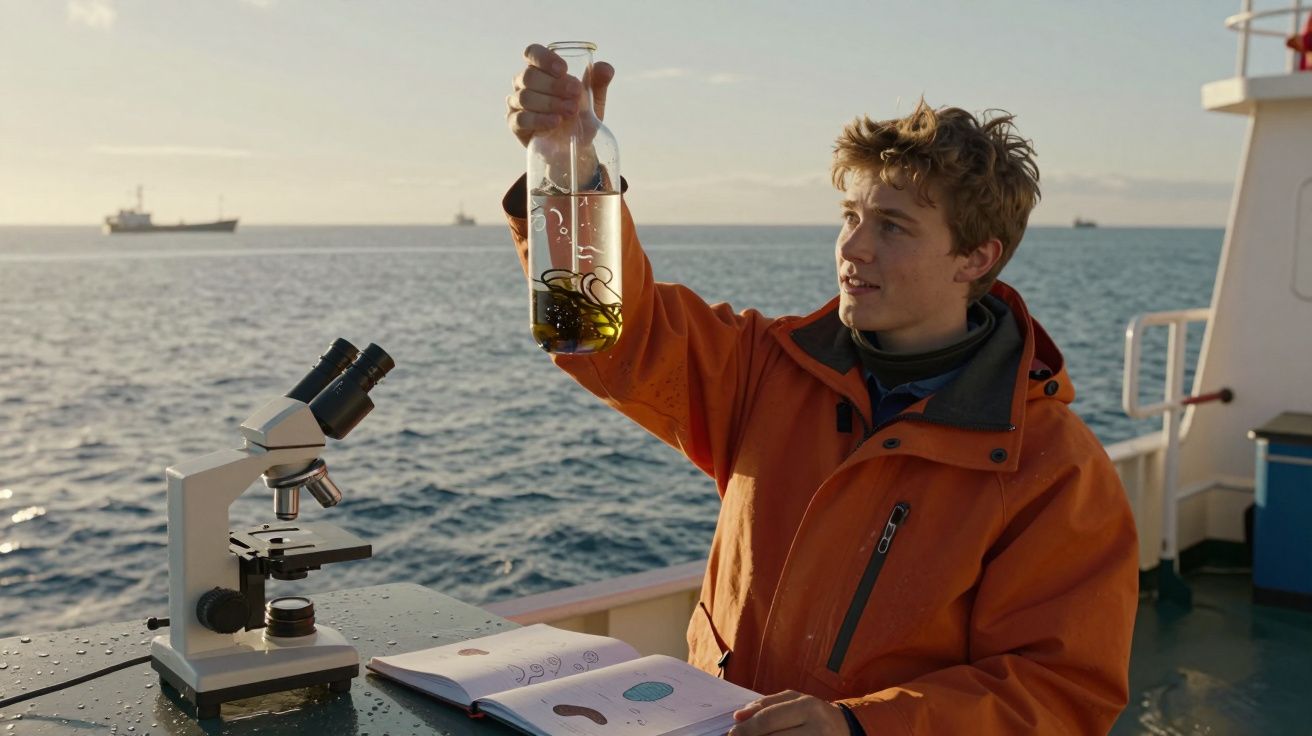 Jovem com casaco laranja analisa amostra de água do mar num frasco a bordo de um barco.