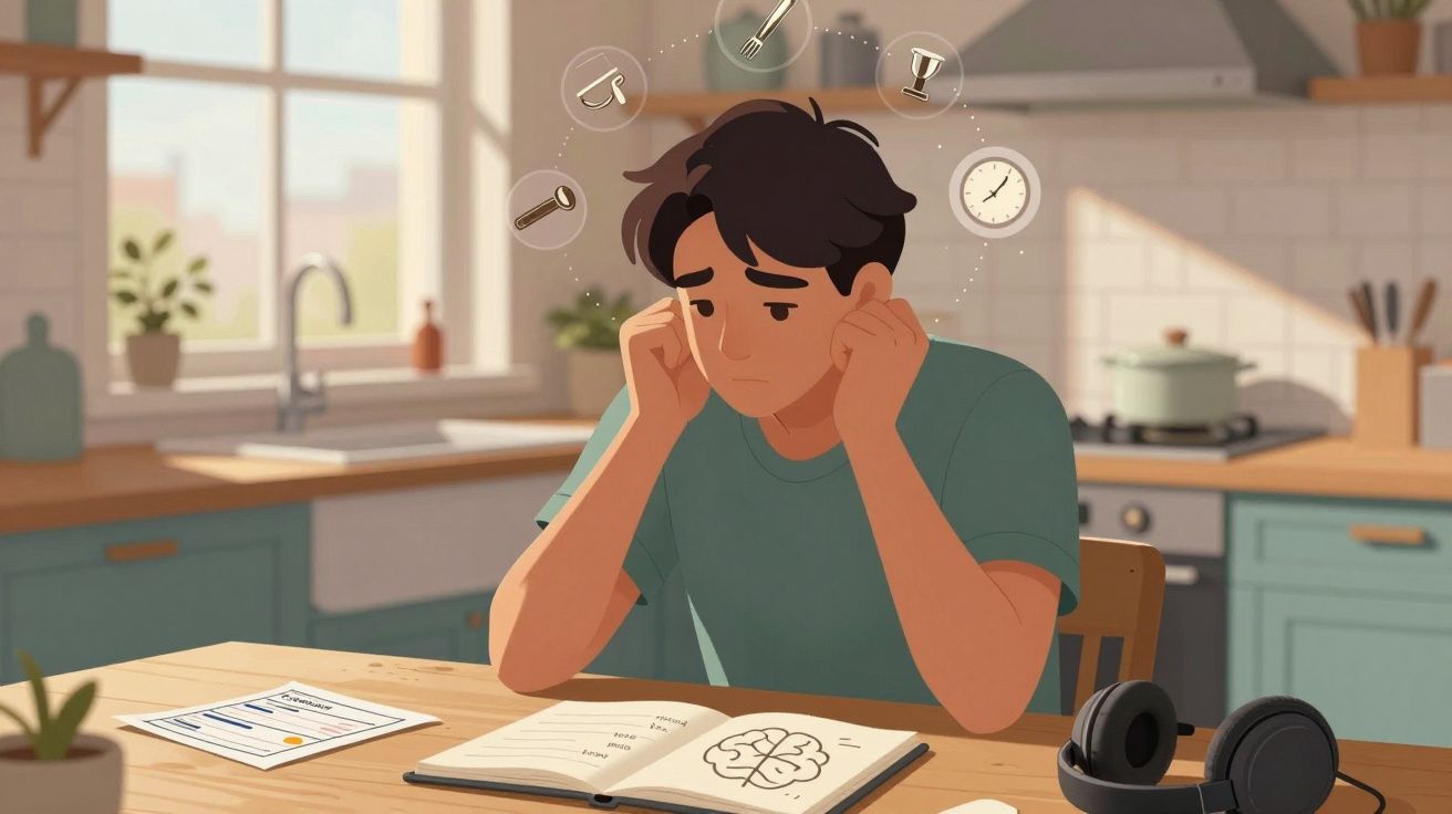 Rapaz preocupado sentado à mesa da cozinha, rodeado por símbolos de ansiedade e estudo.