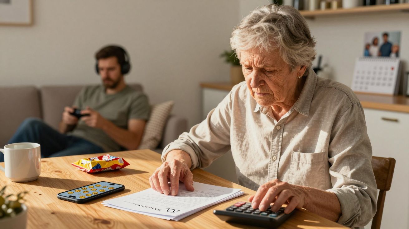 Idosa a fazer contas na mesa da cozinha enquanto homem ao fundo joga videojogos com auscultadores.