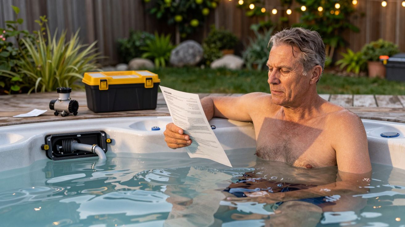 Homem sentado numa banheira de hidromassagem ao ar livre a ler instruções, com caixa de ferramentas ao fundo.