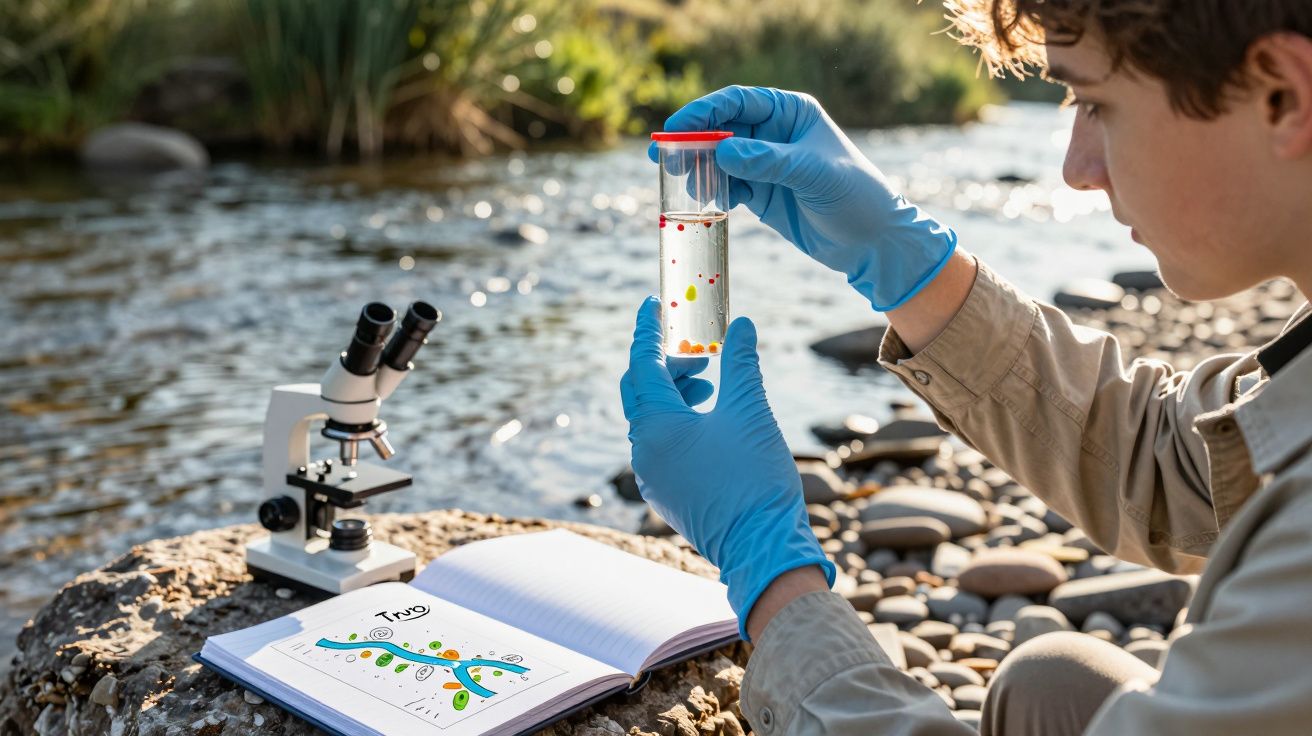 Jovem cientista examina amostra de água num frasco junto a um rio, com microscópio e caderno de notas.