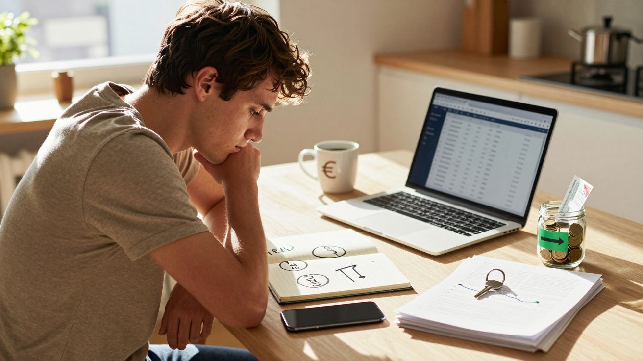 Homem jovem sentado a pensar numa mesa com portátil, caderno, telemóvel, moeda e chávena.