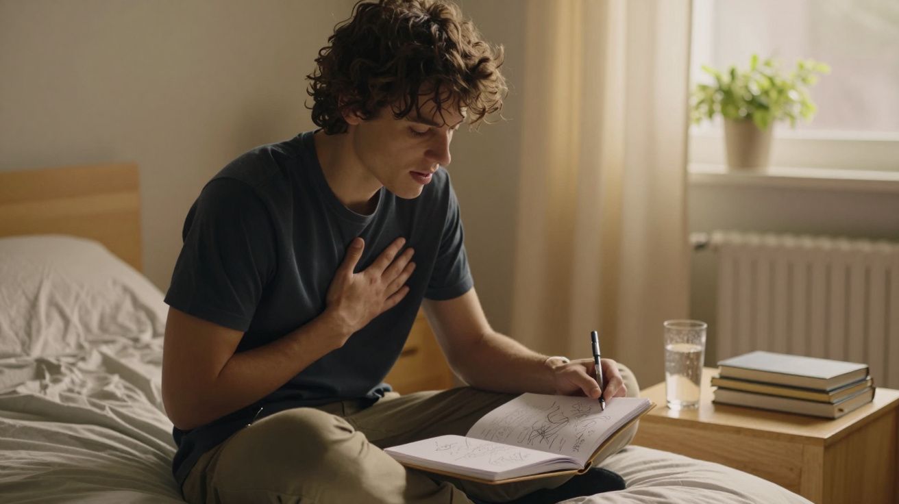 Jovem sentado na cama lê e escreve num caderno, com mão no peito, num quarto iluminado e sereno.