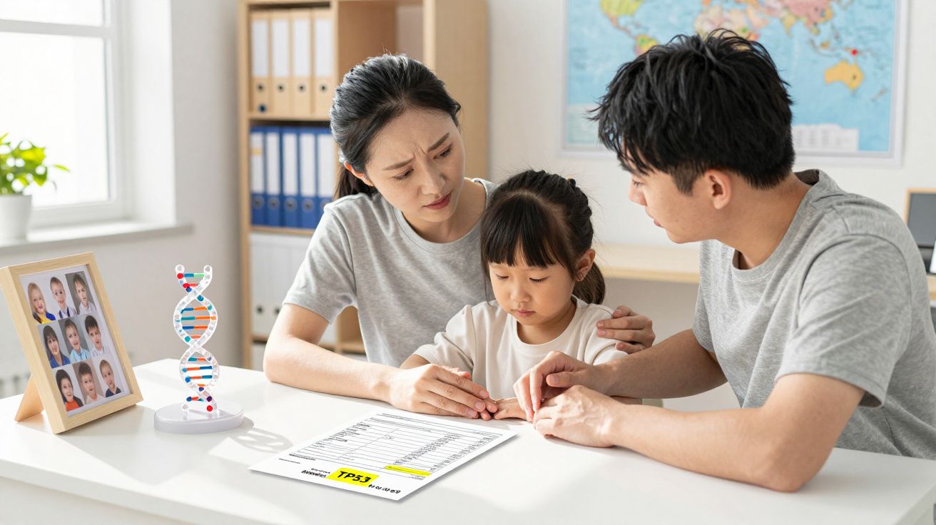 Família preocupada analisa resultado de teste genético numa mesa com modelo de DNA e fotos de crianças.