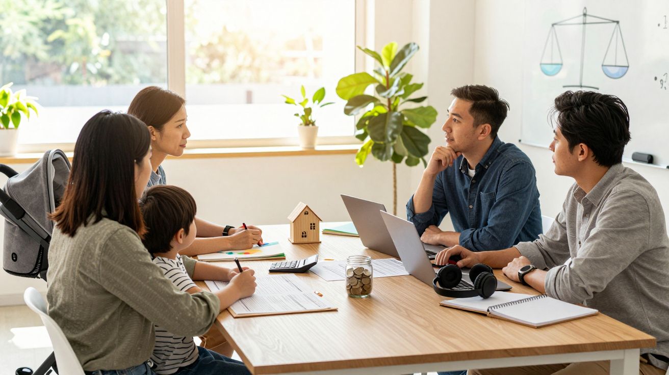 Grupo de adultos e criança numa reunião, com elementos de finanças numa mesa bem iluminada por luz natural.