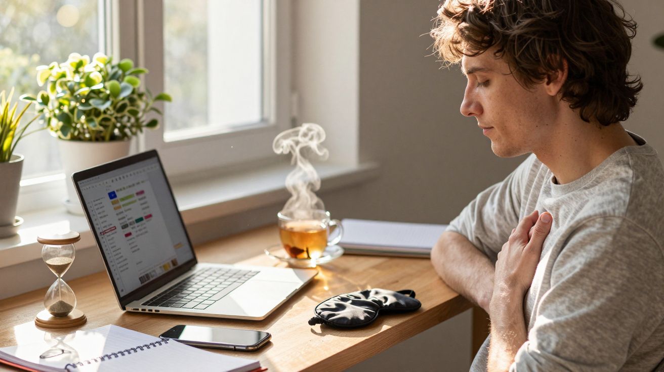 Homem a respirar profundamente sentado numa secretária com computador e chá quente junto à janela.