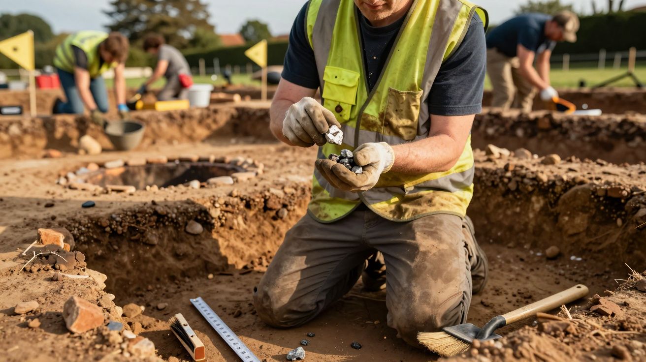 Arqueólogo em colete refletor analisa fragmentos durante escavação arqueológica ao ar livre.