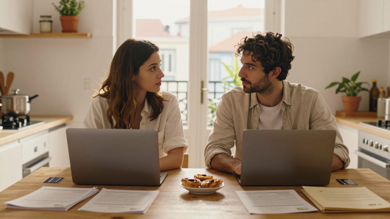 Casal sentado à mesa da cozinha a discutir enquanto trabalham em computadores portáteis e documentos.