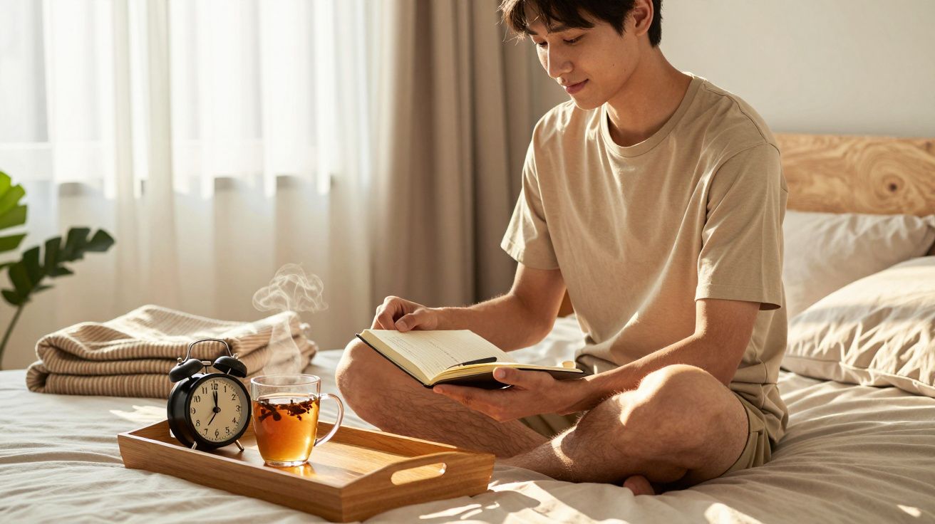 Homem sentado na cama a ler um livro, com chá fumegante e despertador numa bandeja de madeira.