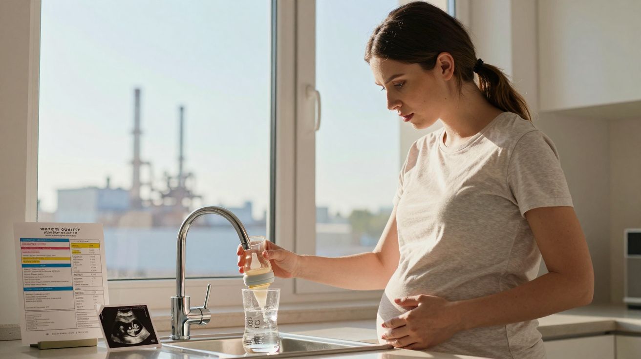 Mulher grávida a preparar suplemento alimentar líquido na cozinha, com ecografia e tabela na bancada.
