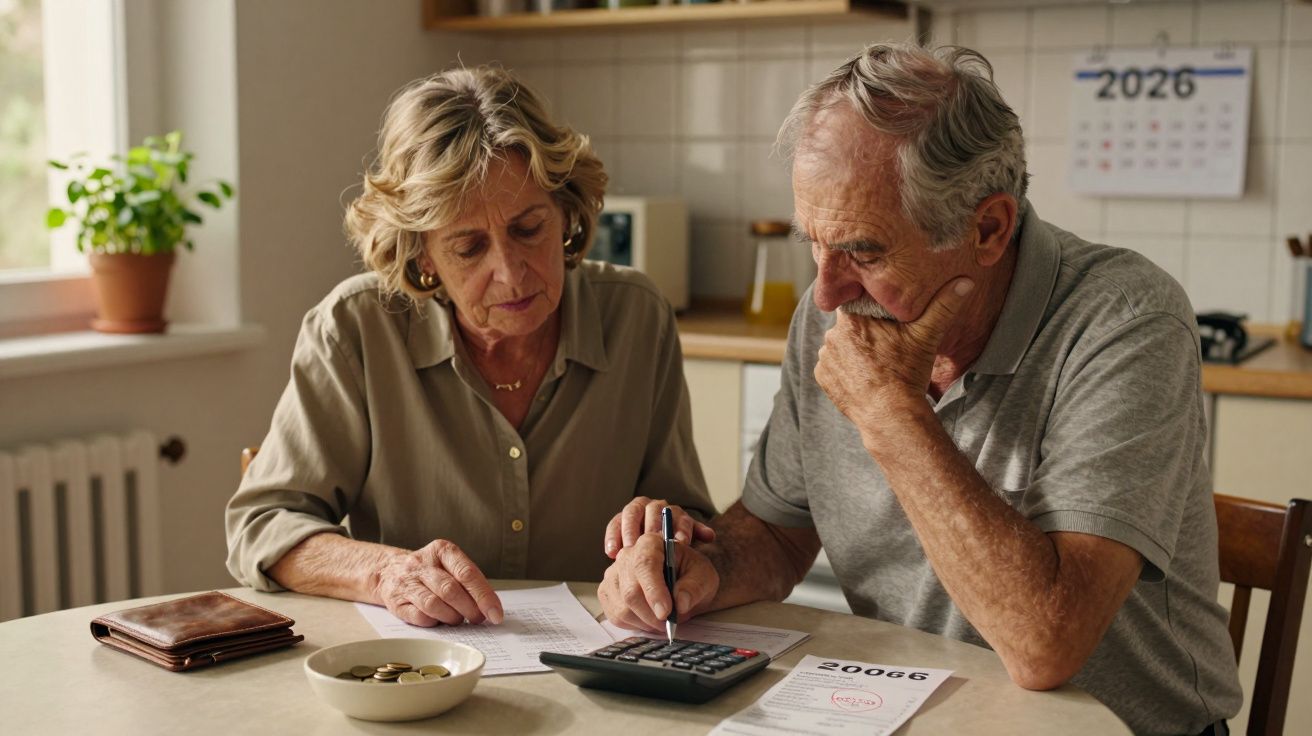 Idosos sentados à mesa a calcular contas com calculadora e documentos numa cozinha.
