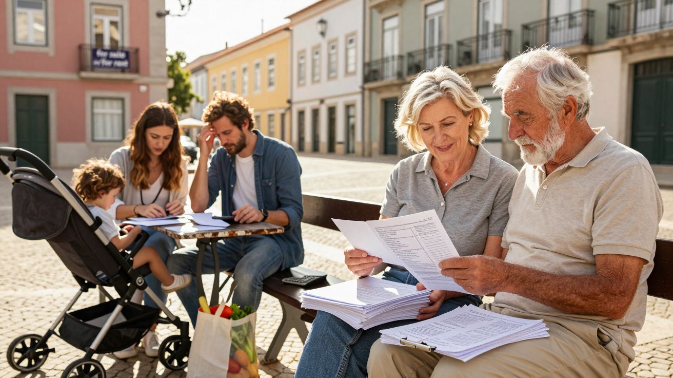 Duas famílias sentadas ao ar livre a analisar documentos, com carrinho de bebé e sacola de compras.