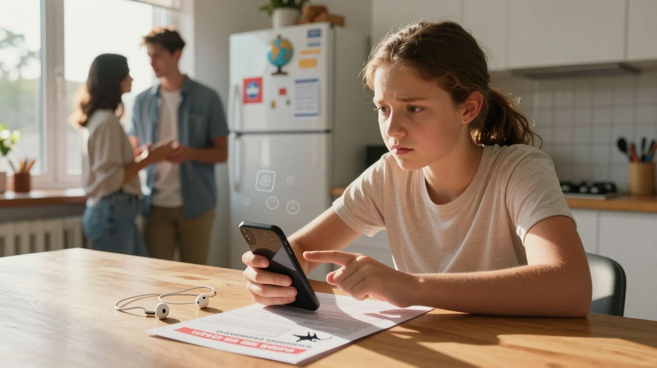 Rapaz preocupada a olhar para o telemóvel enquanto um casal conversa ao fundo numa cozinha iluminada.