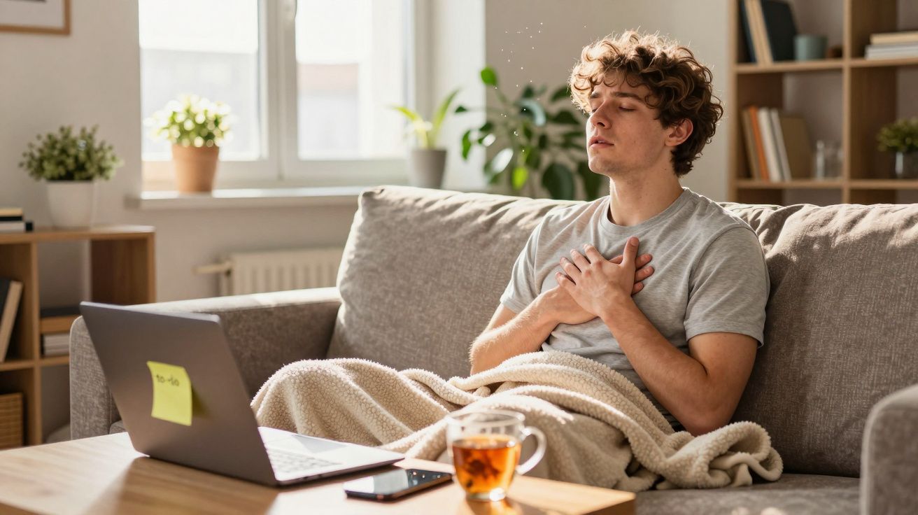 Homem sentado no sofá com manta, mãos no peito e expressão de desconforto, ao lado de computador e chá.