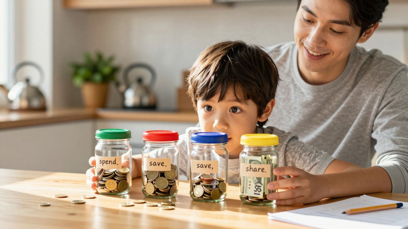 Criança e adulto organizam moedas e notas em frascos rotulados com diferentes objetivos financeiros numa mesa.