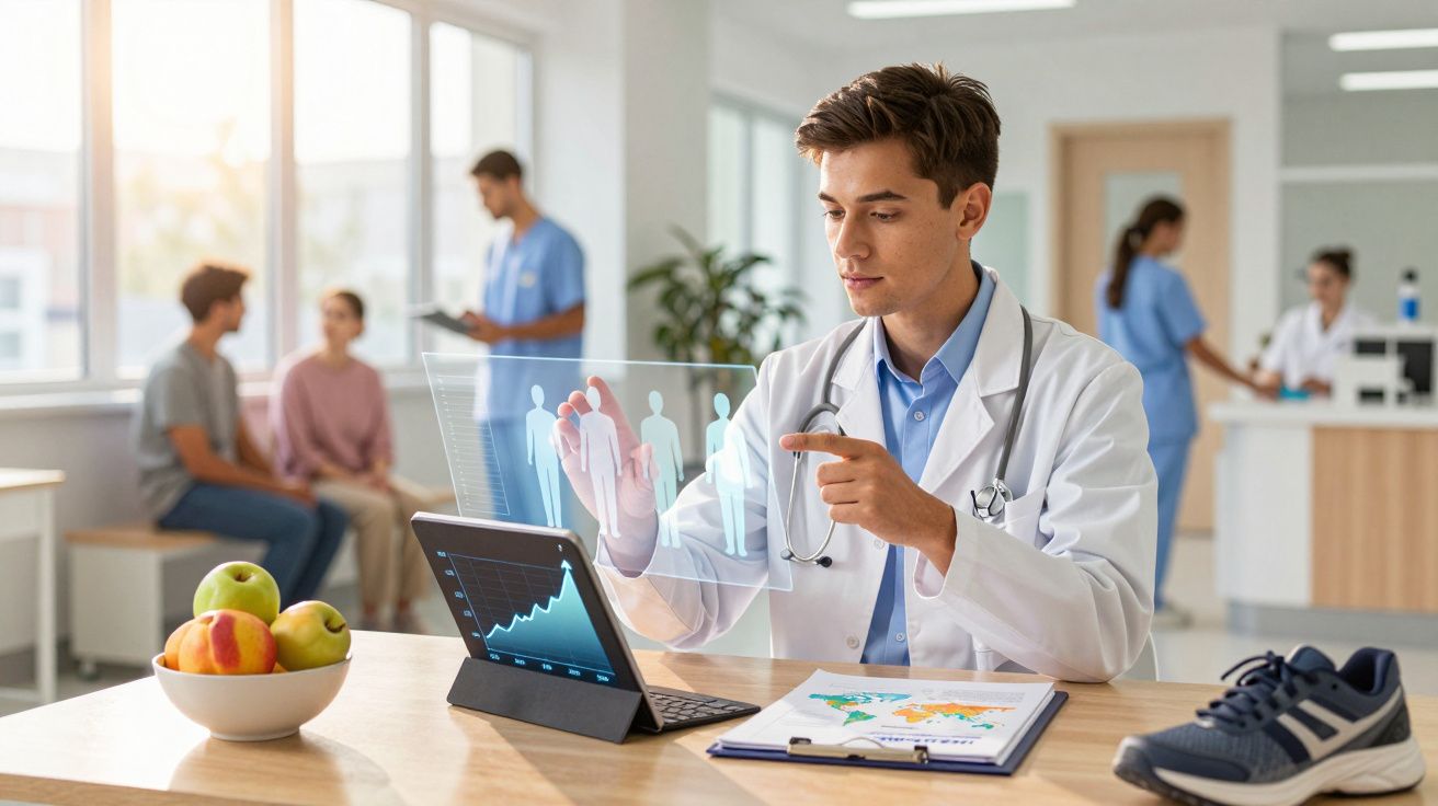 Médico com bata branca analisa dados num tablet com hologramas numa clínica moderna e iluminada.