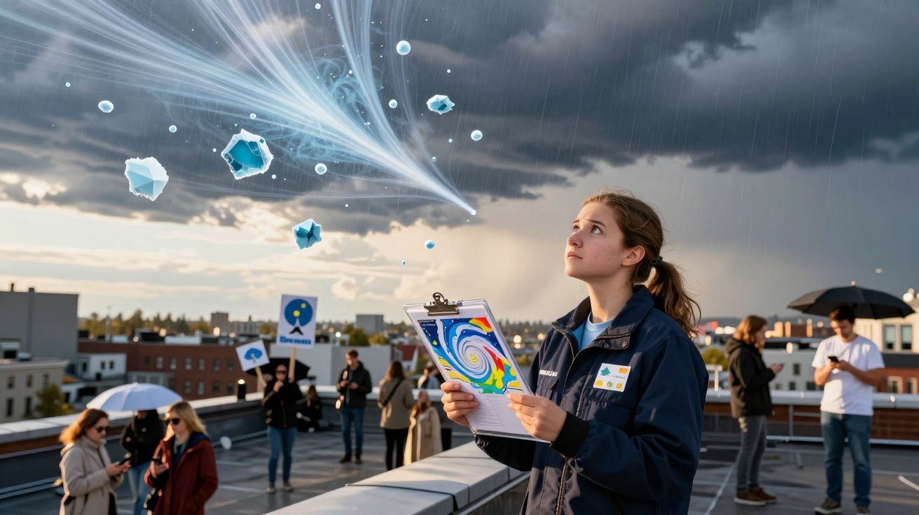Jovem mulher observa o céu tempestuoso com elementos gráficos de tempestade, enquanto pessoas olham em telemóveis num terraço